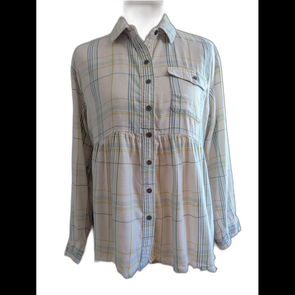 True Craft Cream Plaid Babydoll Button-Up Shirt with Blue & Yellow Plaid Design.